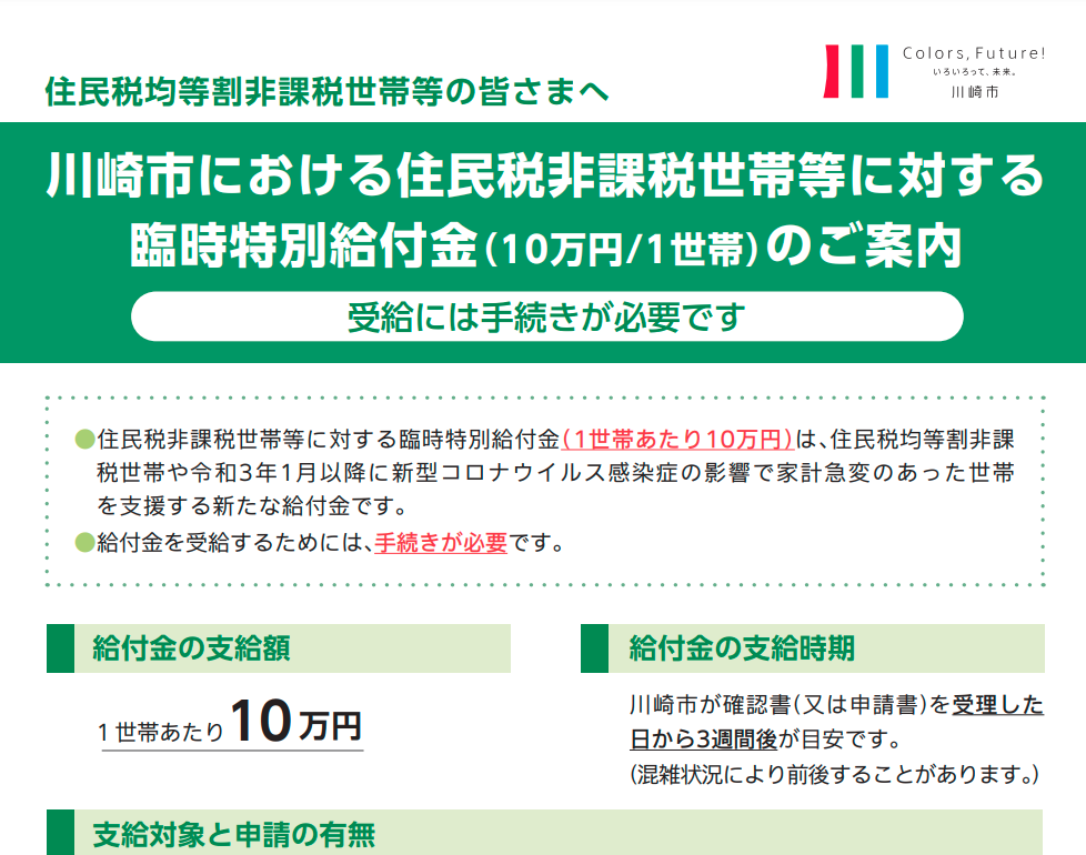 川崎市における住民税非課税世帯等に対する臨時特別給付金のご案内