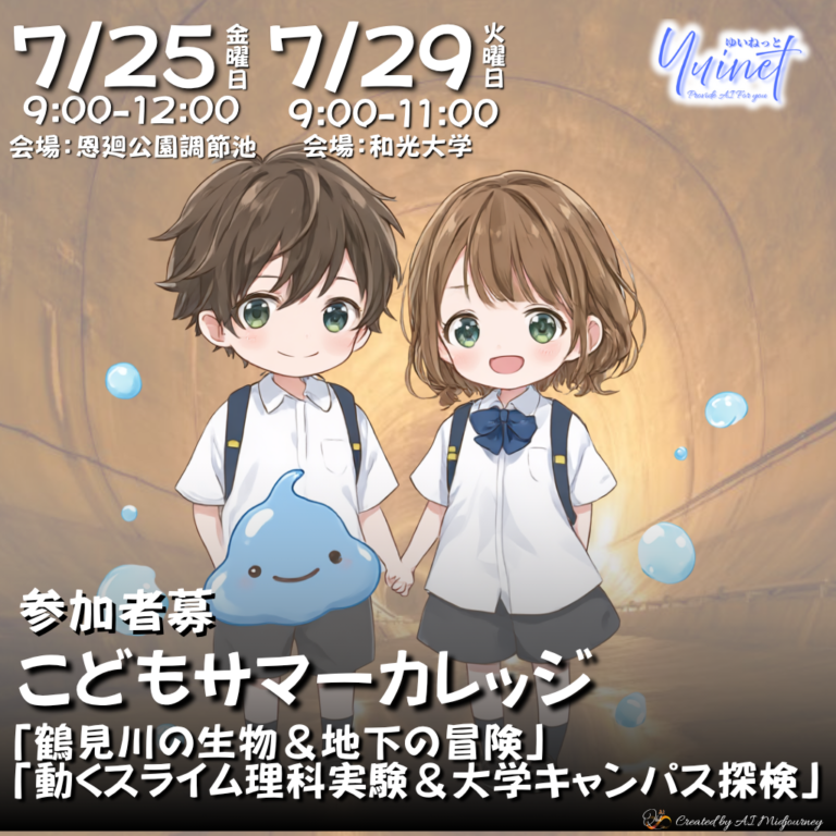 こどもサマーカレッジ「鶴見川の生物＆地下の冒険」「動くスライム理科実験＆大学キャンパス探検」参加者募集【7/25, 7/29】